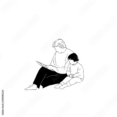 Grandmother reading to child vector illustration family story time book reading together line art drawing design