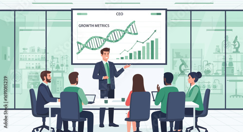 CEO presenting growth metrics to a diverse team in a modern laboratory setting conference scene
