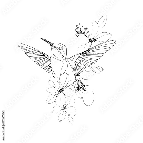 Hummingbird line art with floral design vector illustration for print and tattoo design concept image