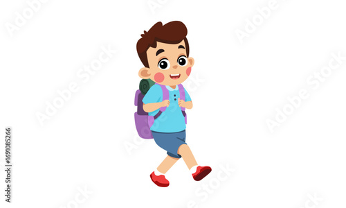 Cheerful young student boy character walking with a purple backpack, an isolated vector illustration for back-to-school concepts and childhood education