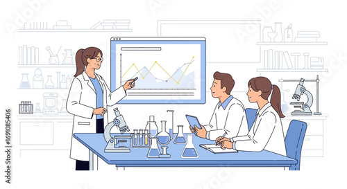 Illustration of scientists analyzing research data in a modern laboratory setting