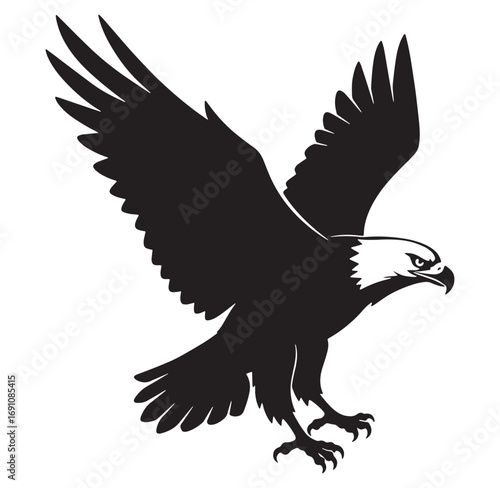 Black and white silhouette of a powerful eagle with outstretched wings soaring