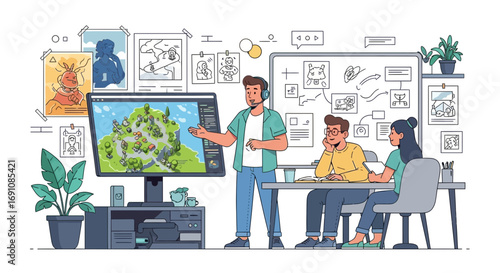 Collaborative game development team brainstorming ideas in creative studio environment