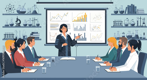 Business presentation in a science environment with analytical graphs and team working around a