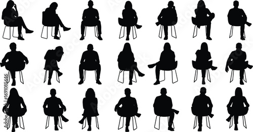 Silhouettes of Seated Human Figures in 20 Chair Poses with Highlighted Coordinates, Ideal for UI Design, Animation, and Reference Themes