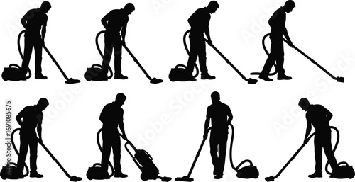 Silhouettes of men vacuuming floors in various postures, vector illustration for cleaning service, housekeeping, janitorial work, and home maintenance concept design