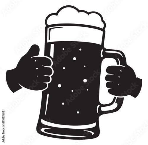 Cheers icon with a large beer mug held by two hands in black and white style