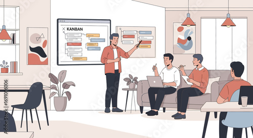 Presentation of Kanban Methodology with Team Discussion in a Modern Office Setting