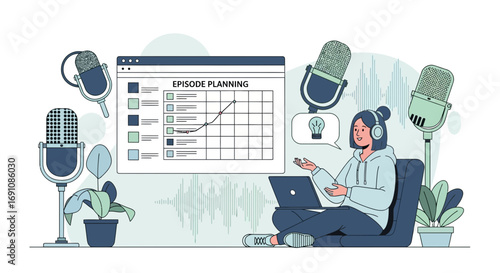 Podcast episode planning and creation process with woman host using laptop illustration