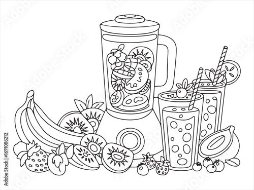Black-and-white line art of a smoothie blender with fruits like kiwi, banana, and berries