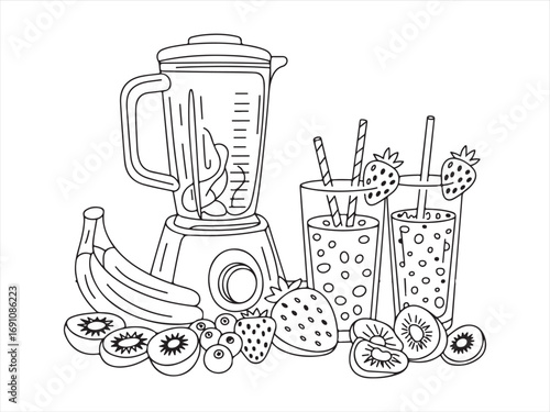 Sketch of a blender making smoothies, with fresh fruits and healthy drinks in the foreground