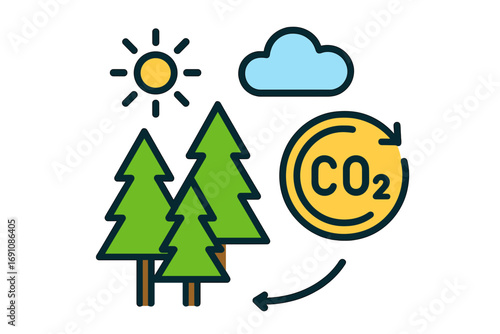 Green trees with sun and cloud representing carbon dioxide absorption Carbon Offset