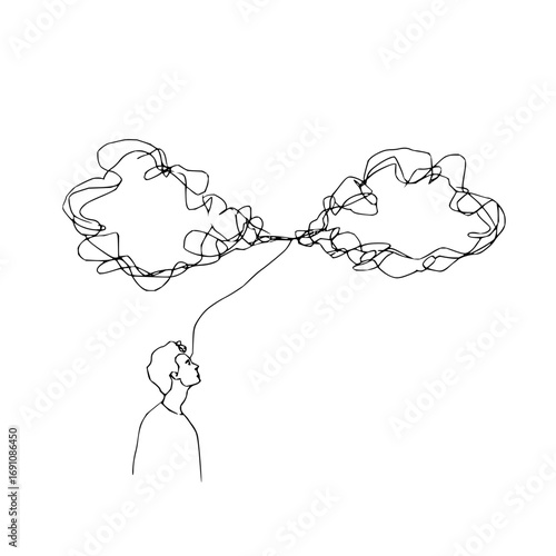Mental health awareness art therapy illustration one line drawing of thoughts and feelings connection concept