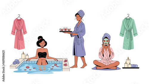 Young woman enjoying a relaxing spa day at home applying a green face mask and cucumber slices to her eyes while drinking a smoothie and another woman serves healthy snacks