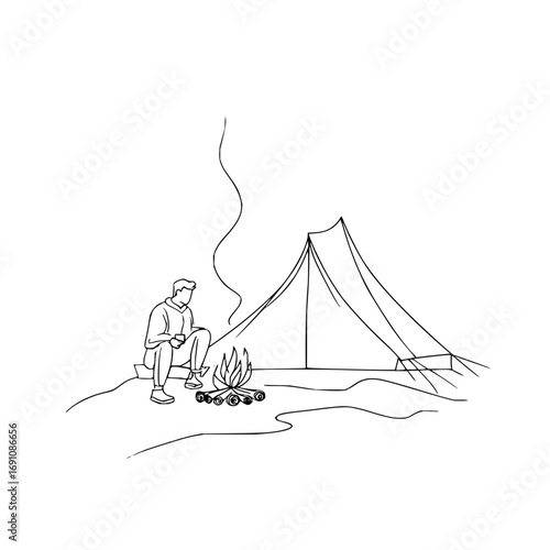 Camping trip illustration man sitting by campfire near tent outdoor adventure travel and relaxation scene art