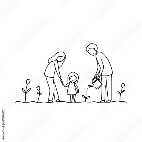 A family planting trees together in a line art style with two adults and two children depicted outdoors