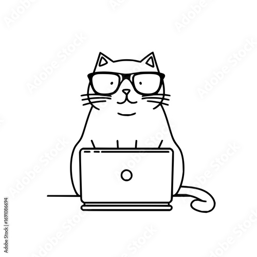 Cat working on laptop vector illustration programmer coder developer with glasses and tail design icon 100