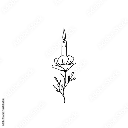 A line drawing of a candle flame on top of a flower with a stem and leaves in black and white style