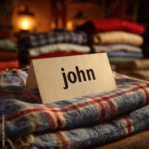 A folded name tag reads 