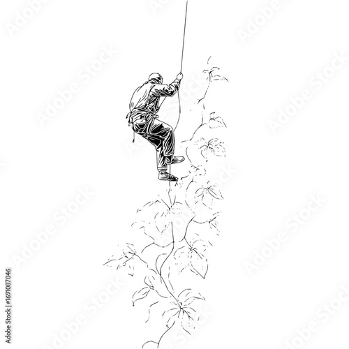 Rock climbing rappelling extreme sport adventure illustration black and white line art vector graphic image