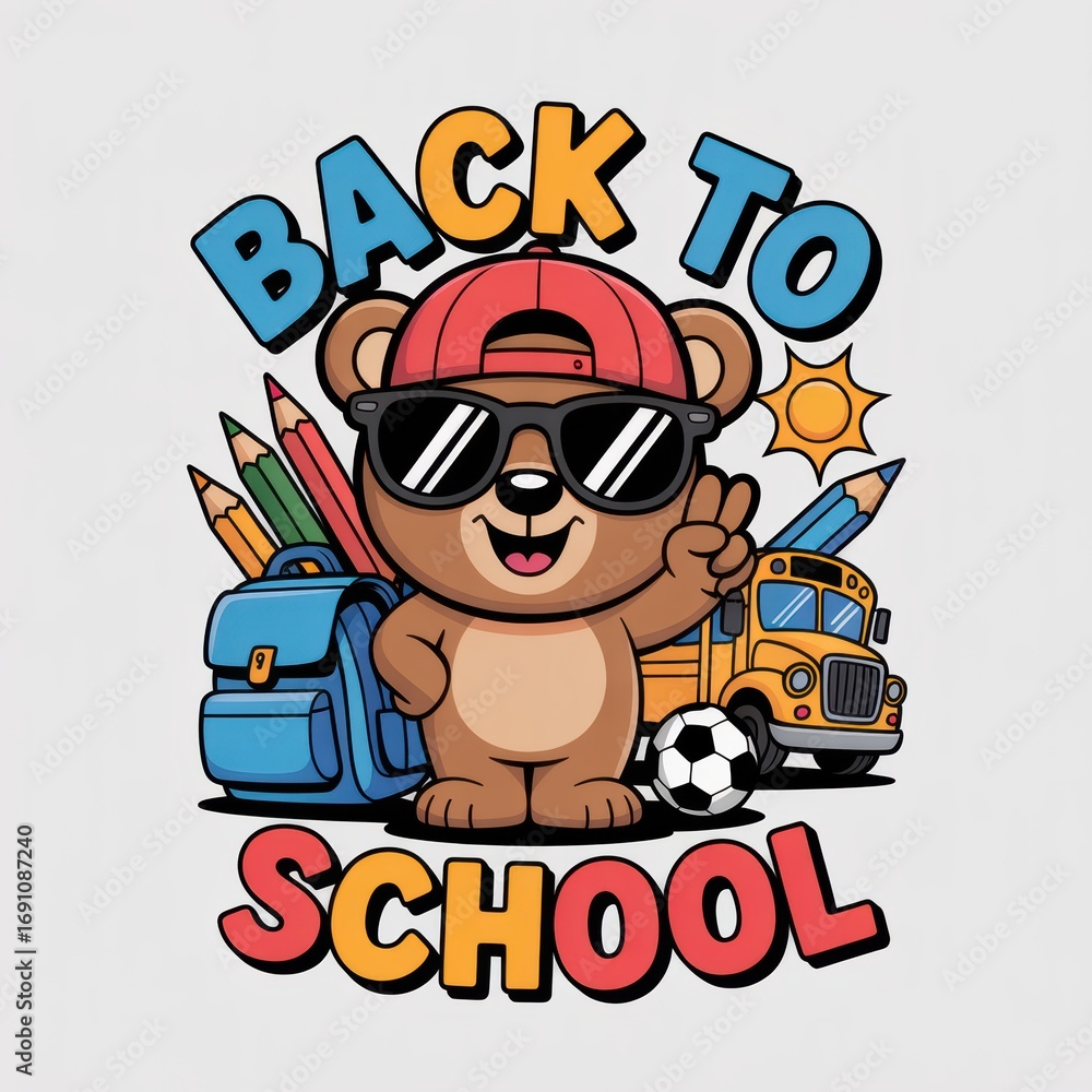 A cute bear in sunglasses and a cap poses with school supplies, a backpack, and a school bus, promoting a fun A cute bear in sunglasses and a cap poses with school supplies, a backpack, and a school bus, promoting a fun