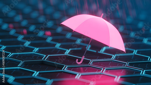 Shelter of innovation: An umbrella stands resolute against the relentless rain, symbolizing protection and resilience within a modern, hexagonal framework.