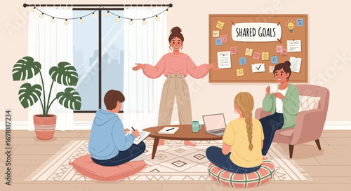 Collaborative meeting showcasing shared goals in a brightly lit and inviting space, fostering