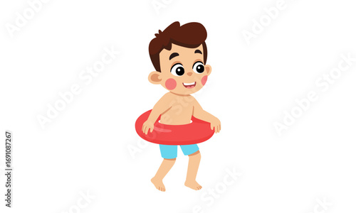 Cute cartoon boy with a red inflatable swim ring, happily walking and ready for a fun summer pool activity