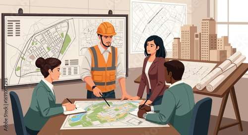 Architects and engineers collaborate on urban planning project, reviewing blueprints in meeting