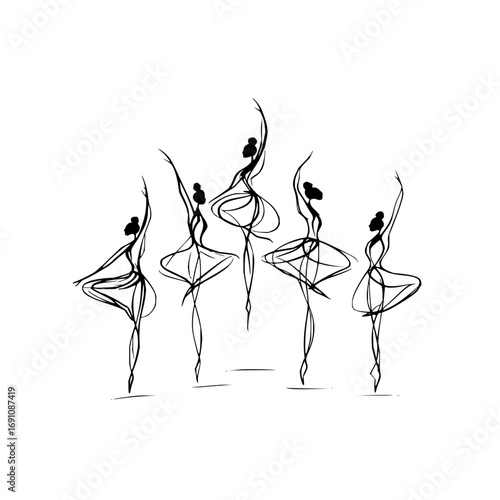 Five ballet dancers in various poses depicted with minimalist black line art on a white background elegantly drawn