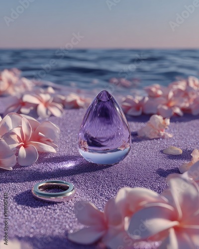 Purple glass teardrop on beach with flowers