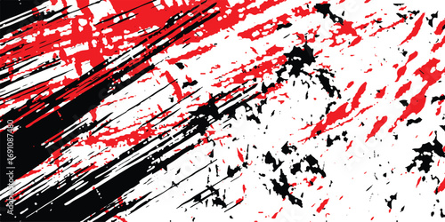 Abstract dynamic splatter of red black and white strokes expressing energy white background
