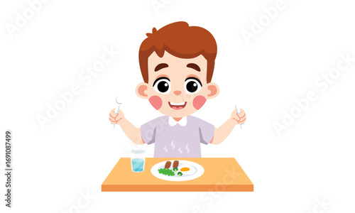 Cartoon boy at table with food, holding fork and knife.