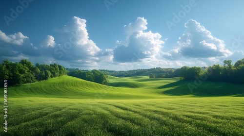 晴れた日の緑豊かな丘陵地帯 青い空と白い雲が背景