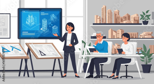 Architectural presentation of building design with a team of architects collaborating