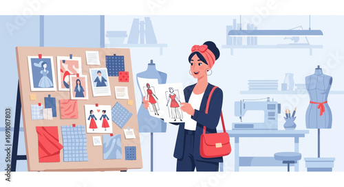 Fashion designer reviewing sketches and fabric samples in her studio with sewing machine background