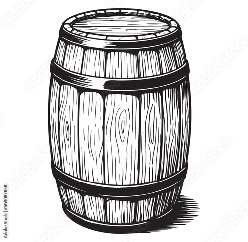 Detailed black and white illustration of a classic wooden barrel with vintage style