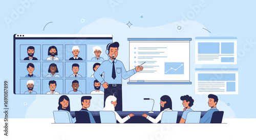 Engaging virtual meeting presentation with diverse participants and a confident speaker illustration