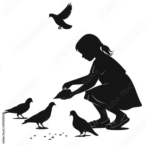 Girl feeding pigeons