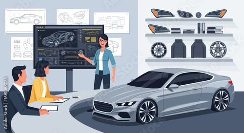 Automotive designers presenting a new car model and its components in design meeting environment