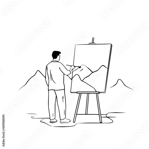 An artist paints a mountain landscape on a canvas with an easel outdoors in a minimalist line drawing