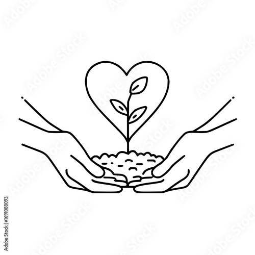 Hands holding soil with a heart shaped plant growing, symbolizing love and care for the environment and growth