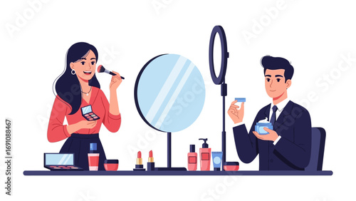 Professional skincare treatment with a beautician applying a facial mask to a client while a male assistant holds skincare products