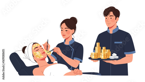 Two attentive spa therapists in white uniforms carefully applying a facial mask to a relaxed client lying on a massage bed during a pampering beauty treatment session