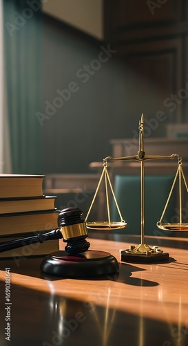 A wooden gavel, legal scales, and books rest on a polished wooden table, creating a scene of justice and law.