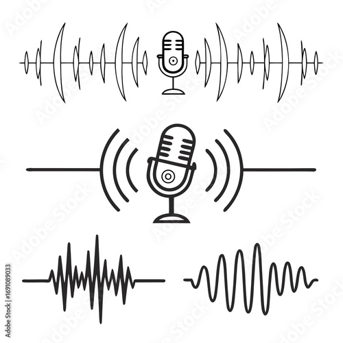Microphone and Sound Wave Line Art Illustration.