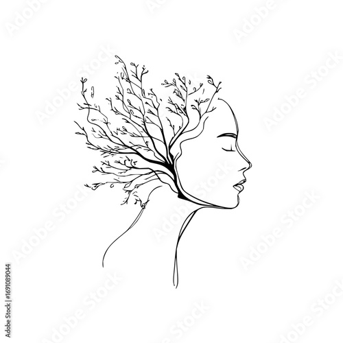 Elegant line art of a woman's profile with tree branches as hair against a white background drawing