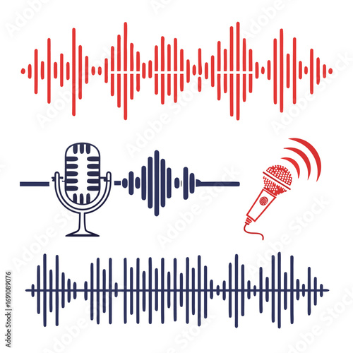 Microphone and Sound Wave Line Art Illustration.