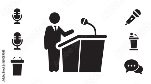Public Speaking Icons – Podium, Microphone, Speaker, Presentation, Speech, Debate, Conference, Lecture, Communication & Talk Symbols