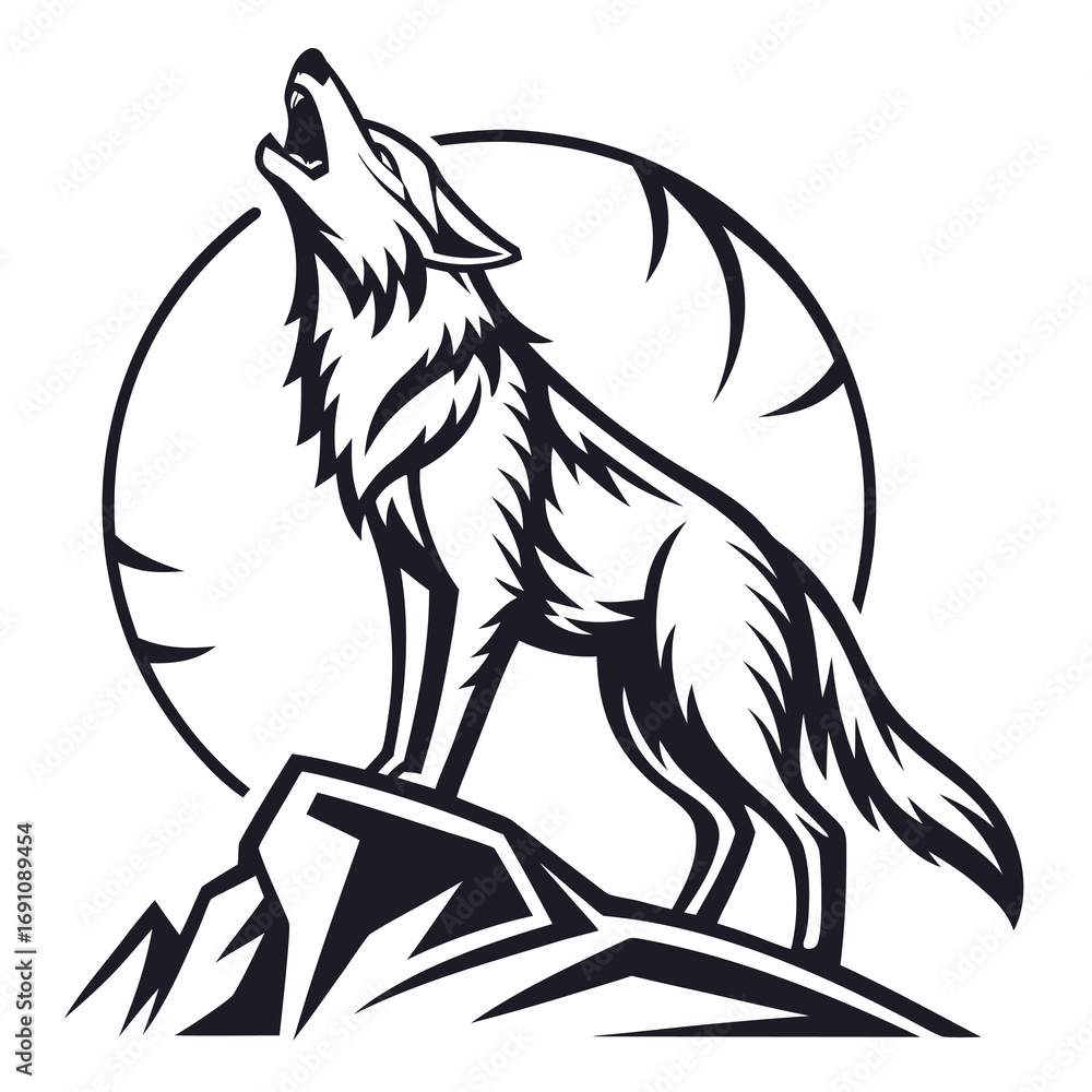 Obraz premium Howling Wolf on Cliff with Moon - Vector Illustration.